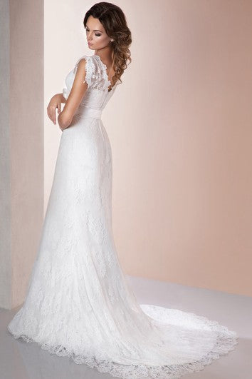 A-Line Long V-Neck Poet-Sleeve Low-V-Back Lace Dress With Appliques And Bow