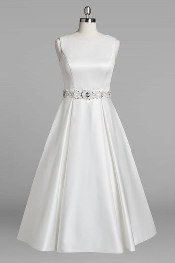 Jewel Neck Sleeveless A-Line Tea-Length Satin Wedding Dress With Beading