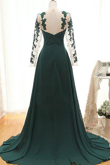 Elegant Long Sleeve Dark Green Evening Dress Chiffon Long With Appliques