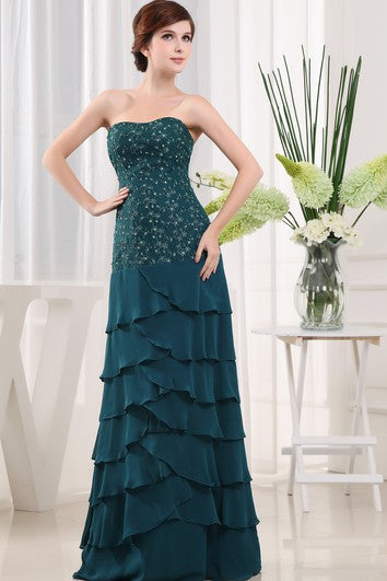 Strapless Long Chiffon Dress With Beading and Applique