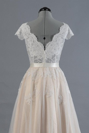 Cap Sleeve V-Neck A-Line Tulle Dress With Lace Bodice and Satin Sash