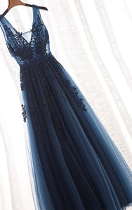 Dark Navy Empire Sleeveless Pleated A-line Floor-length Tulle Prom | Bridesmaid Dress