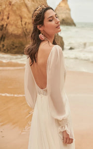 Boho V-Back Chiffon Illusion Long Sleeve Beach Wedding Dress with Beaded Top