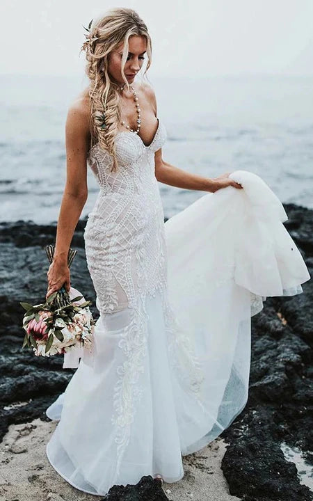 Sweetheart Shelath Appliques Vestido de novia de tren de barrido de playa