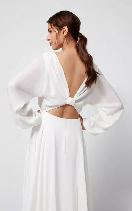 Vestido de boda de bosque delantero de manga larga de manga larga de manga larga y nudo