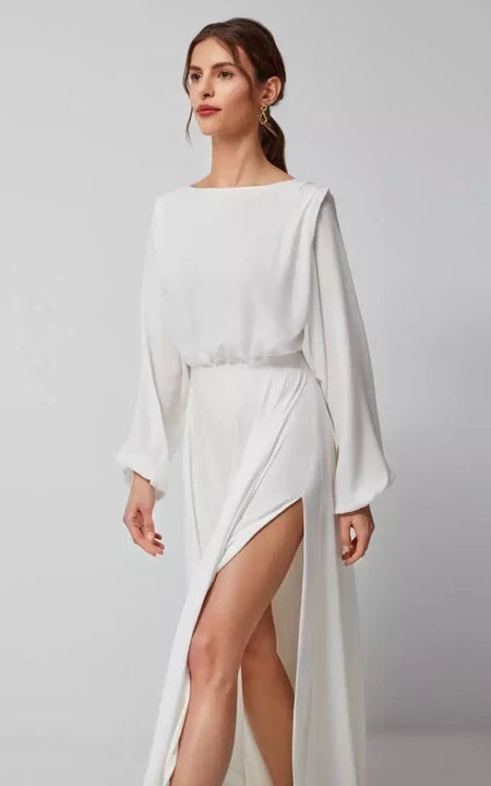 Vestido de boda de bosque delantero de manga larga de manga larga de manga larga y nudo