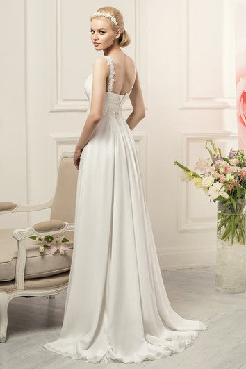 Sheath Long Straps Sleeveless Empire Corset-Back Chiffon Dress With Waist Jewellery And Pleats