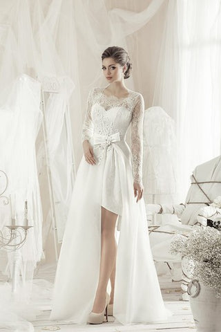 A-Line Knee-Length Square Long-Sleeve Lace Dress With Bow And Appliques