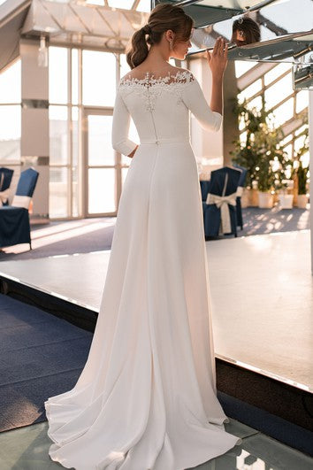 Simple Off-the-shoulder Sheath Sweep Train 3/4 Length Sleeve Wedding Dress With Appliques