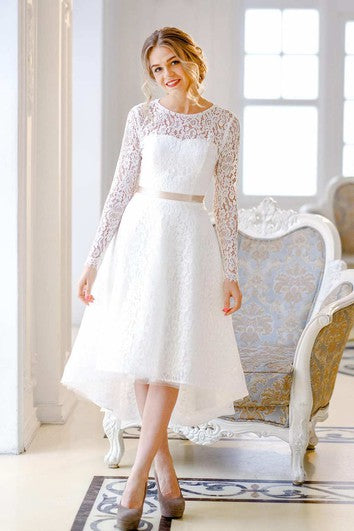 Knee-Length Lace Wedding Dress with Lace-Up Corset Back