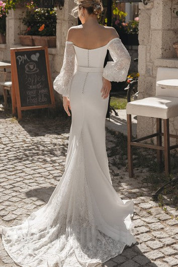 Ethereal Satin Off-the-shoulder Long Sleeve Sash Wedding Dress With Button