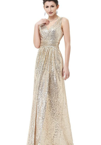 V-neck A Line Sleeveless Floor-length Sequins Bridesmaid Dress With Ruching