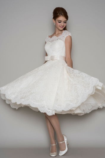 Tea-Length A-Line Cap Sleeve Square Neck Ribboned Lace Wedding Dress