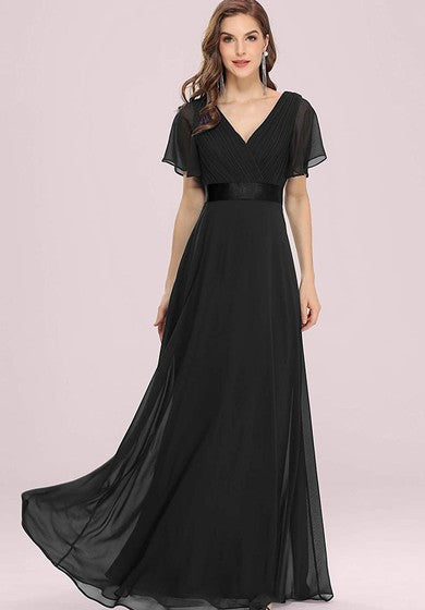 Elegantes Chiffon-A-Linien-Ballkleid mit V-Ausschnitt und kurzen Ärmeln und Rüschen