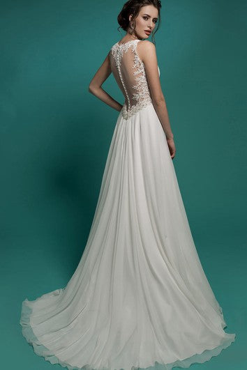 A-Line Floor-Length V-Neck Sleeveless Empire Illusion Chiffon Dress With Beading And Ruching