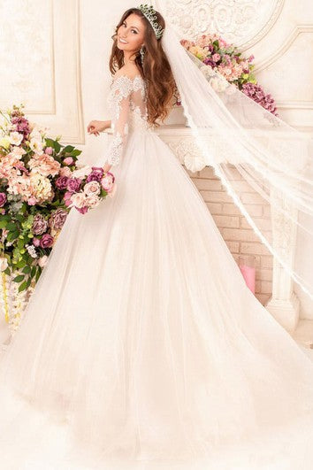 Ball Gown Long Off-The-Shoulder Long-Sleeve Illusion Tulle Dress With Appliques And Beading