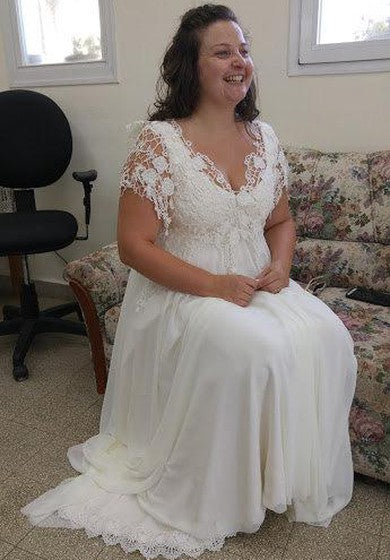 V-Ausschnitt Kurzarm Spitzenchiffon Übergröße Brautkleid