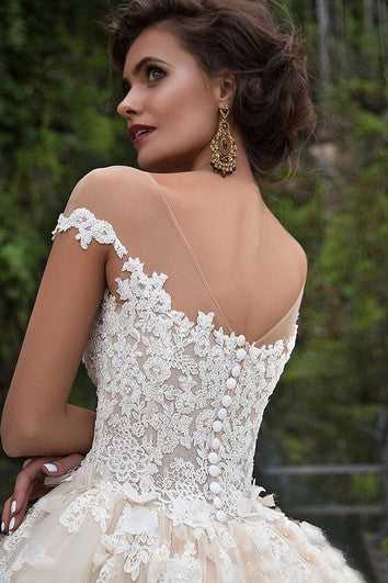 Ballkleid Mini Juwel Glocke Illusion Perlen Applikationen Blume Illusion Blume Kapelle Schleppe Knopf Illusion Tüll Spitze Kleid