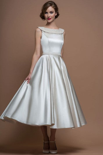 A-Line Scoop-Neck Tea-Length Satin Wedding Dress With Beading And V Back