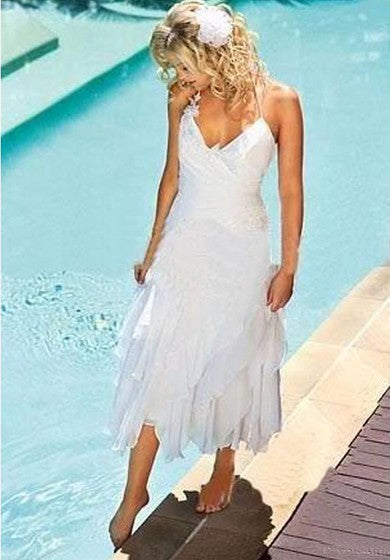 Beach Causal Spaghetti Tea Length Chiffon Ruffle Short Wedding Dress