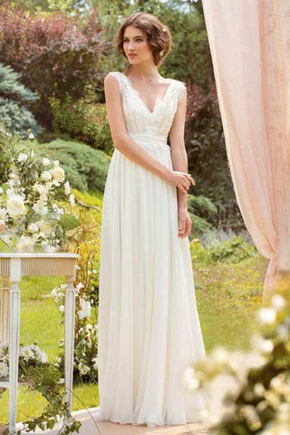 Plunged Sleeveless Chiffon Pleated Wedding Dress With Lace And Bow