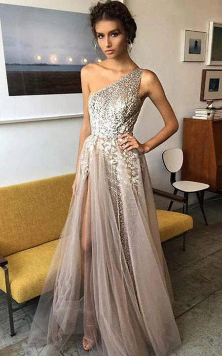 Asymmetrical Grey Sleeveless Beaded Front Split Tulle Evening Prom Dress