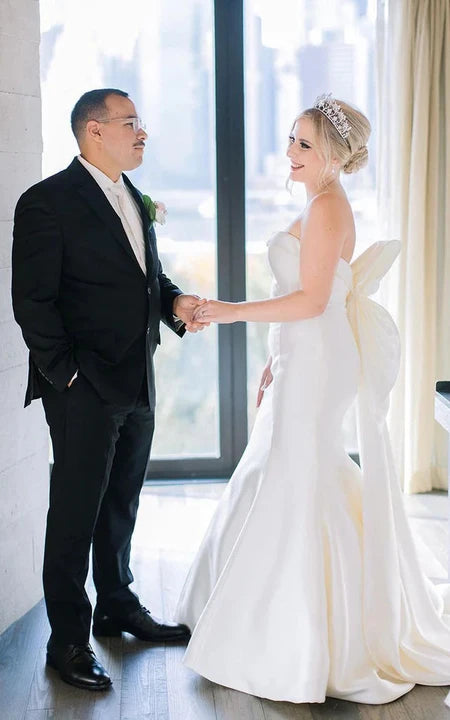 Robe de mariée sirène bustier élégante en satin grande taille avec nœud dans le dos