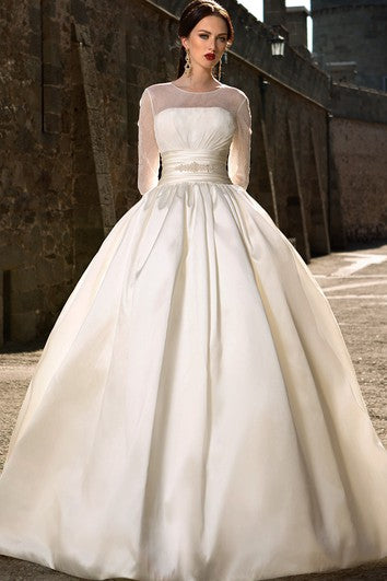 Ball Gown Long Jewel-Neck Illusion-Sleeve Illusion Satin Dress With Ruching And Beading