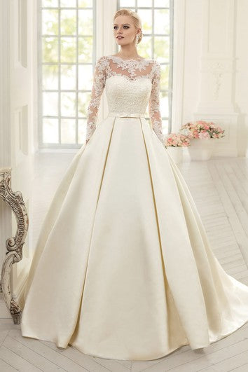 Ball Gown Floor-Length Jewel Long-Sleeve Corset-Back Satin Dress With Appliques