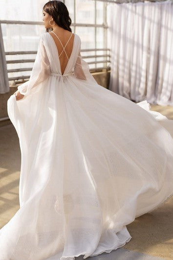 Bohemian Bateau A Line Floor-length Sweep Train Long Sleeve Wedding Dress