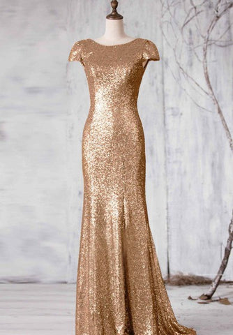 Bateau Cap Sleeve Sequined Mermaid Long Dress With V Back