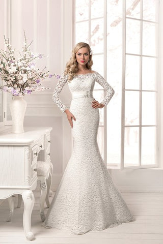 Long Sleeve Crystal Detailing Sheath Lace Floor Length Dress