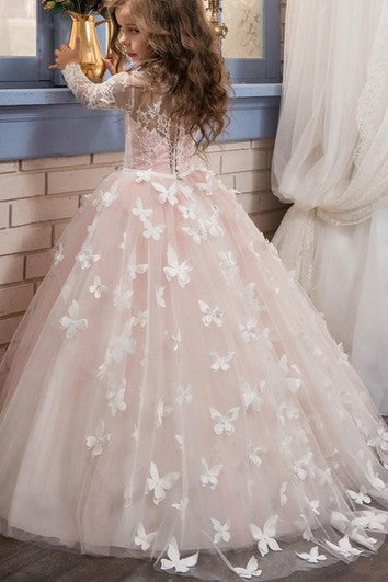 Tulle Bateau Long Sleeves Ball Gown Flower Girl Dress with Applique