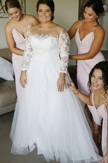 Moderní A Linie Krajková Podlahová Dlouhá Rukáv Iluzorní Svatební Šaty s Appliqué