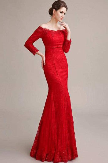 Manica lunga fuori dalla spalla sirena abito di pizzo lungo