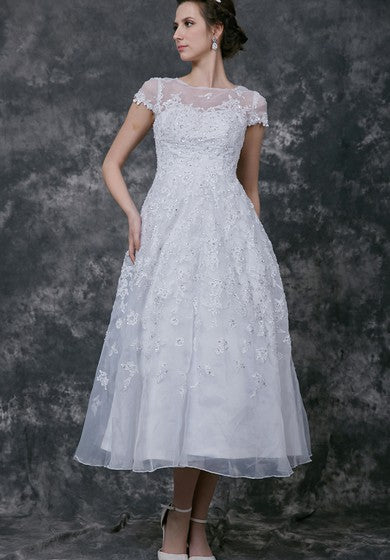 Modern Cap-sleeve Dress With Illusion Neckline and Beaded Lace Applique