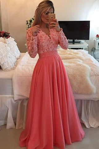 A-line V-neck Long Sleeve Beading Appliques Chiffon Lace Dress