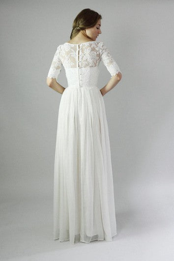 Button Back Sheath Chiffon Wedding Dress With Lace And Pleats