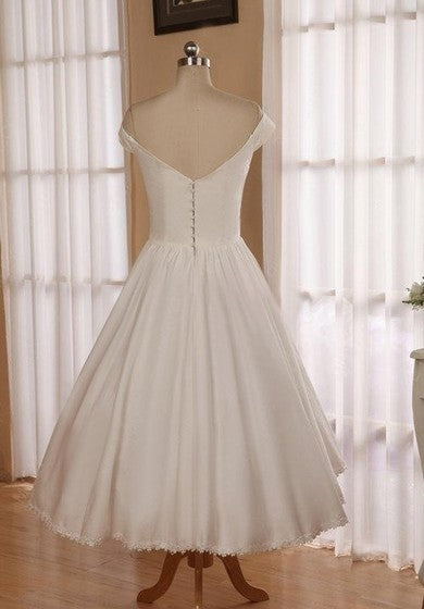 V-Neck Sleeveless Button Back Tea-Length Satin Wedding Dress