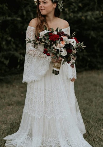 Krajková podlahová svatební šaty A-line s dlouhým rukávem a moderním designem s vlečkou a sklady