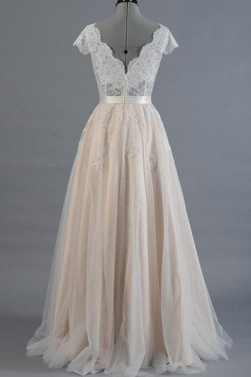 Cap Sleeve V-Neck A-Line Tulle Dress With Lace Bodice and Satin Sash