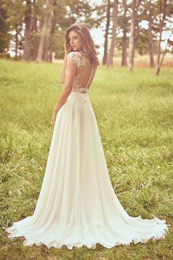 Appliqued Cap Sleeve Illusion Plunging Neckline And Illusion Back Lace Chiffon Wedding Dress