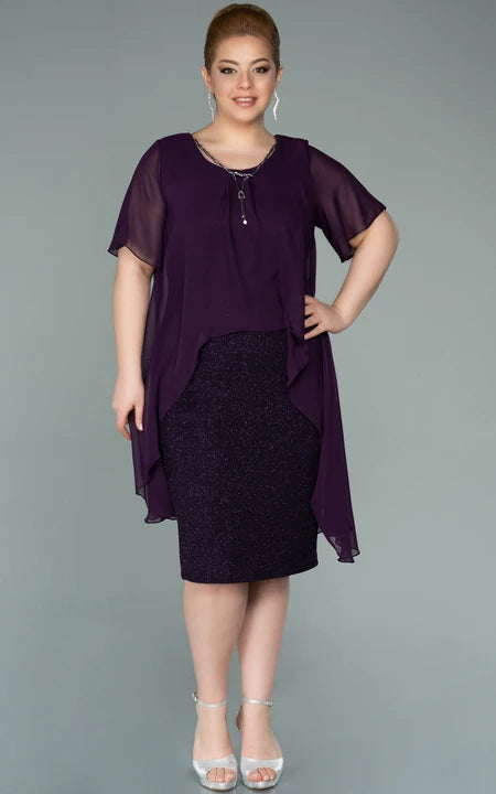 U-Ausschnitt Halbarm Chiffon Pailletten Übergröße Kleid für die Brautmutter