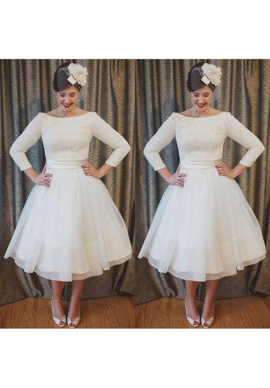 Teelange Brautkleider aus Spitze und Organza in Übergröße mit 3-4 langen Ärmeln