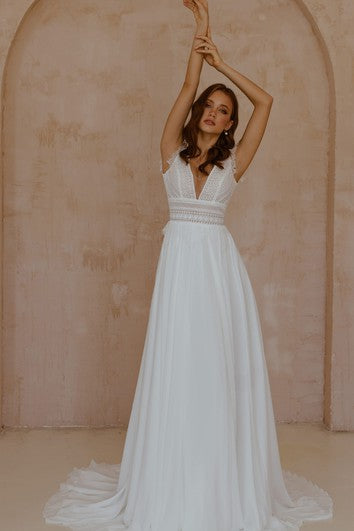 Bohemian V-neck Chiffon Lace A Line Short Sleeve Floor-length Sweep Train Wedding Dress