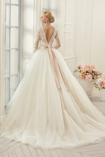 Ball Gown Long Bateau Long-Sleeve Deep-V-Back Tulle Lace Dress With Appliques And Waist Jewellery