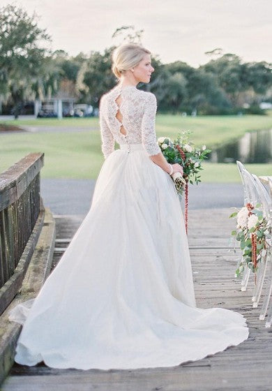 3 4 الأكمام الطويلة مفتوحة الظهر عتيقة لؤلؤي الدانتيل v فساتين الزفاف