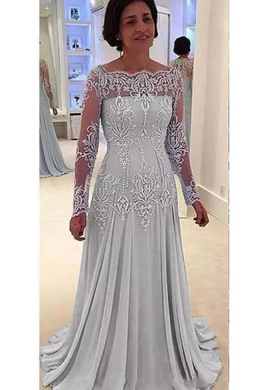 Bateau A-line Floor-length Long Sleeve Chiffon Lace Mother of the Bride Dress with Zipper Back