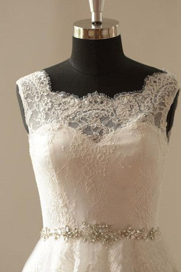 Lace A-Line Sleeveless Gown With Scalloped Bateau Neck and Beaded Waist