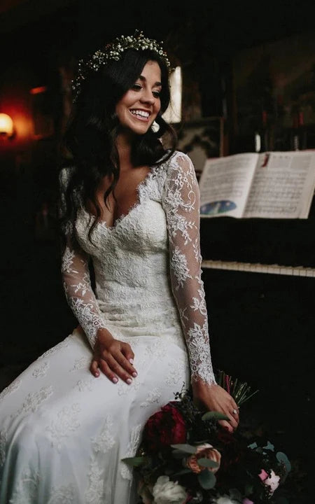 Long Sleeve Deep-v Back Lace Sheath Casual Outdoor Wedding Dress – Ms. Grace